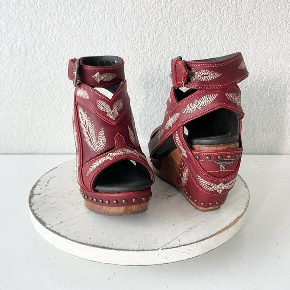 Lane Boots LEXINGTON Womens Red Wedges 7.5 Western Sandals Cowgirl Wooden Heels - Picture 1 of 11